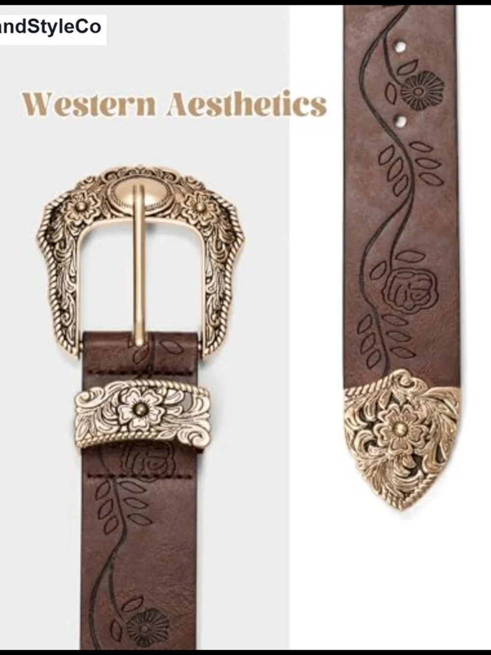 Women's Western Belt PU Leather Embossed Floral Gold Buckle